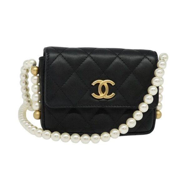 CHANEL Matelasse Pearl Shoulder Bag Lamb Skin Black Gold CC Auth 124901 - Picture 1 of 16